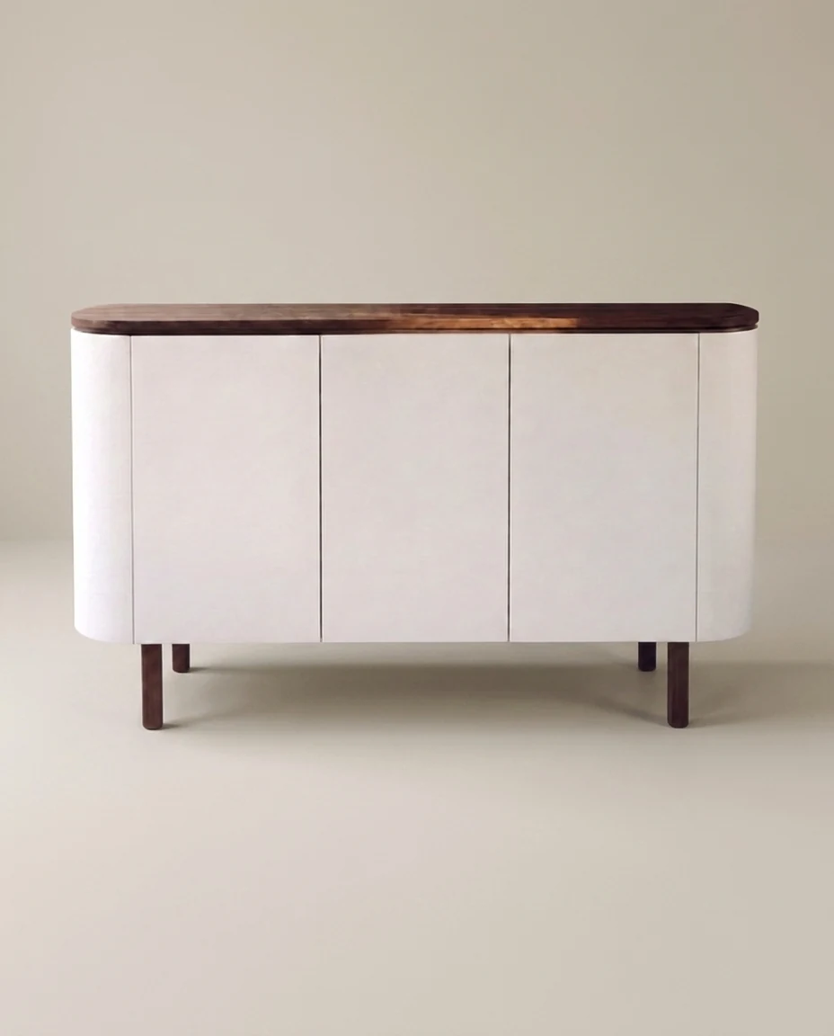 Mueble curvo laqueado blanco con tapa de petiribí