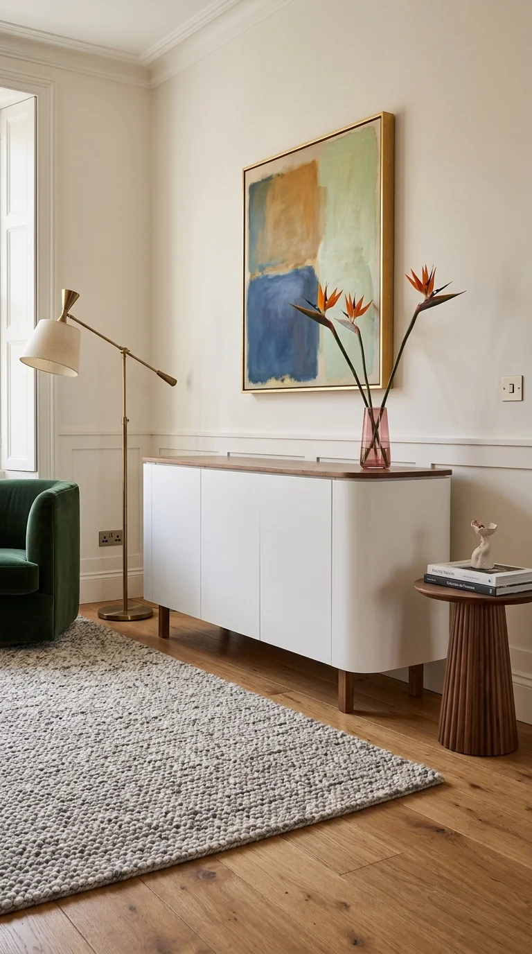 Mueble curvo laqueado blanco con tapa de madera, en un living con sill&oacute;n verde y alfombra
