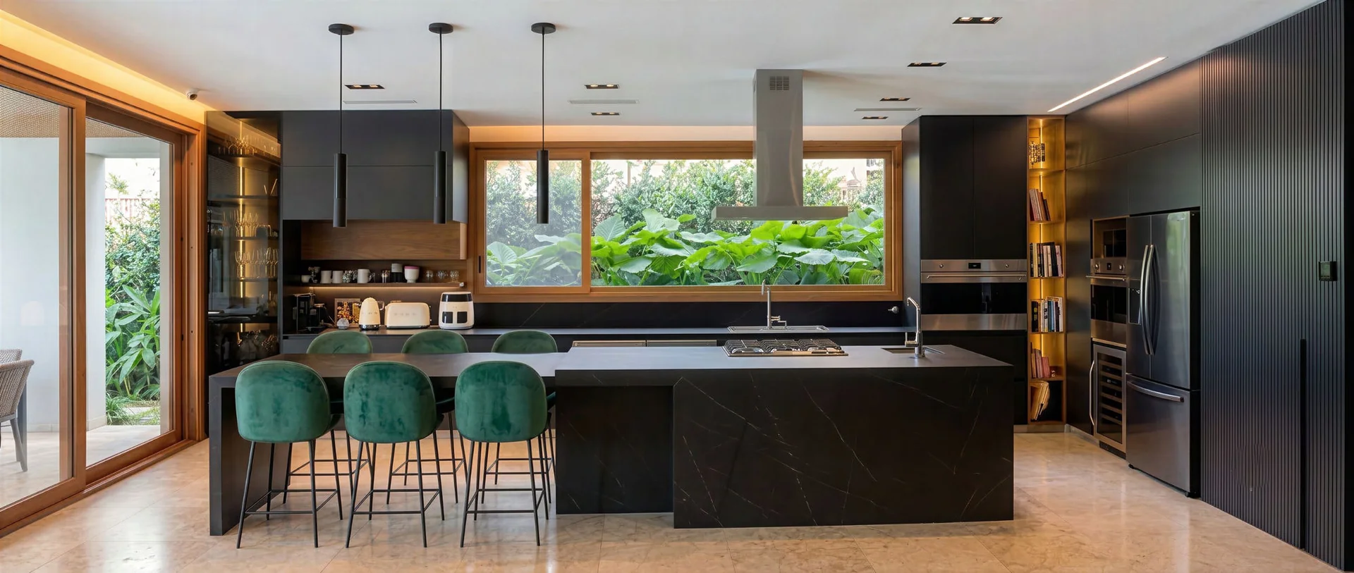 Cocina en grafito con isla de piedra negra, campana de acero, ventanal al jard&iacute;n y mesa con sillas de terciopelo verde — Amoblamientos Formas